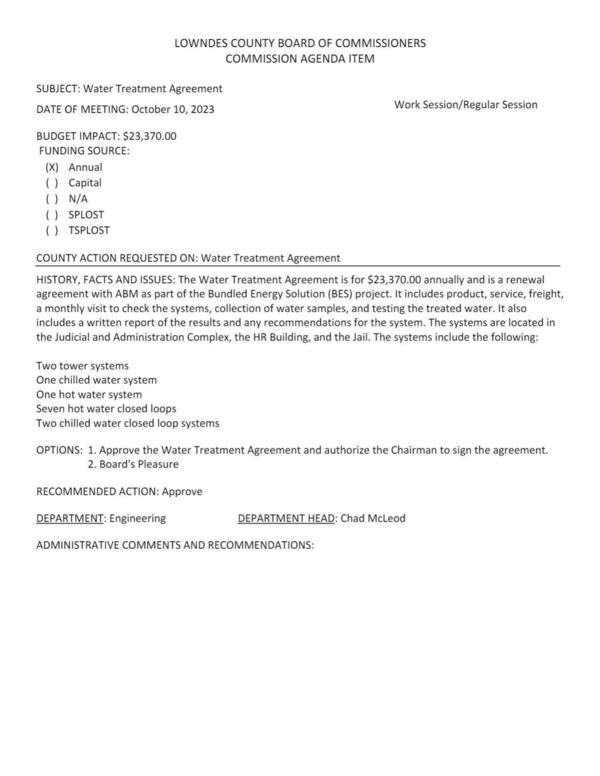 [BUDGET IMPACT: $23,370.00 a renewal agreement with ABM as part of the Bundled Energy Solution (BES) project. ... The systems are located in the Judicial and Administration Complex, the HR Building, and the Jail.]