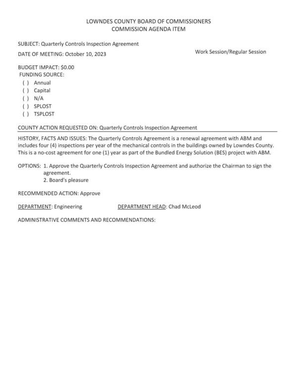 BUDGET IMPACT: $0.00 a renewal agreement with ABM and includes four (4) inspections per year of the mechanical controls in the buildings owned by Lowndes County.