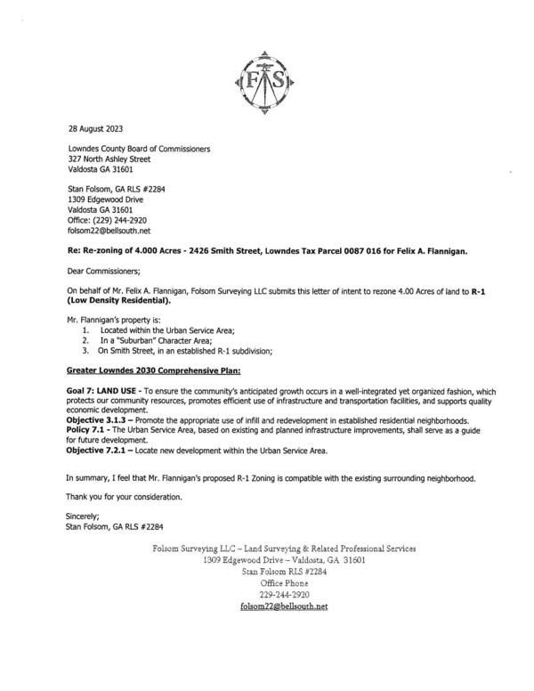 On behalf of Mr. Felix A. Flanigan, Folsom Surveying LLC submits this letter of intent....