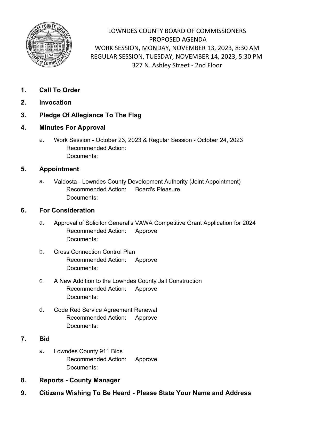 PROPOSED AGENDA