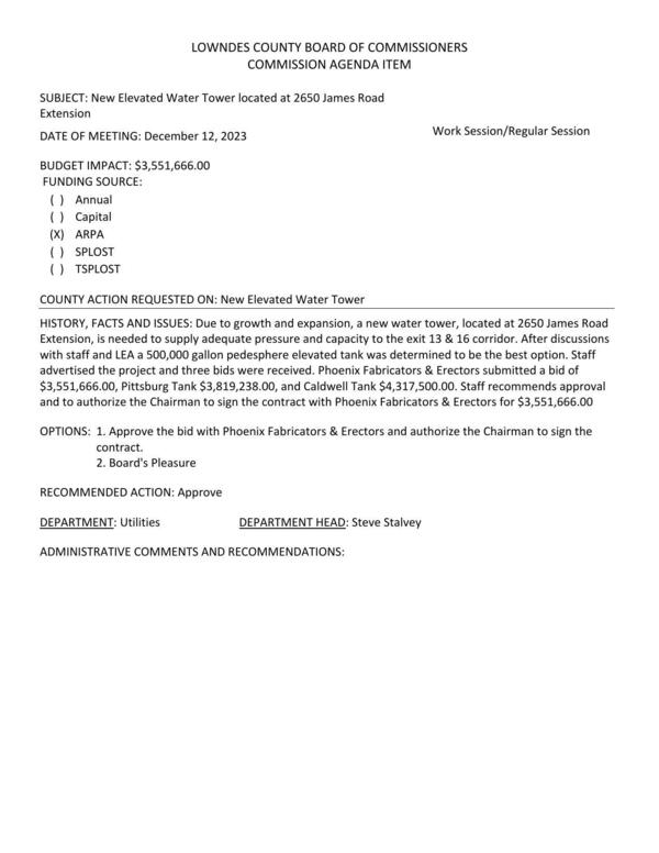 [BUDGET IMPACT: $3,551,666.00; to supply adequate pressure and capacity to the exit 13 & 16 corridor]