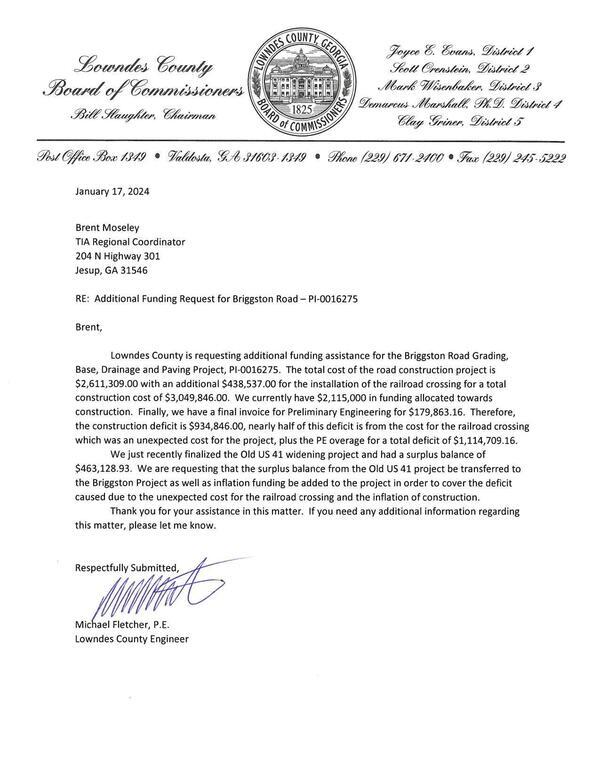 Request from Lowndes County Engineer to TIA Regional Coordinator