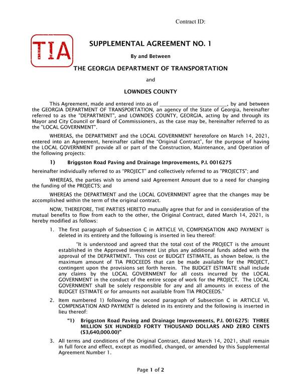 SUPPLEMENTAL AGREEMENT NO. 1, GDOT & Lowndes County