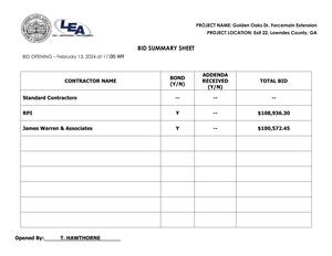 [Bid Summary Sheet: RPI $108,936.30; James Warren & Associates $100,572.45]