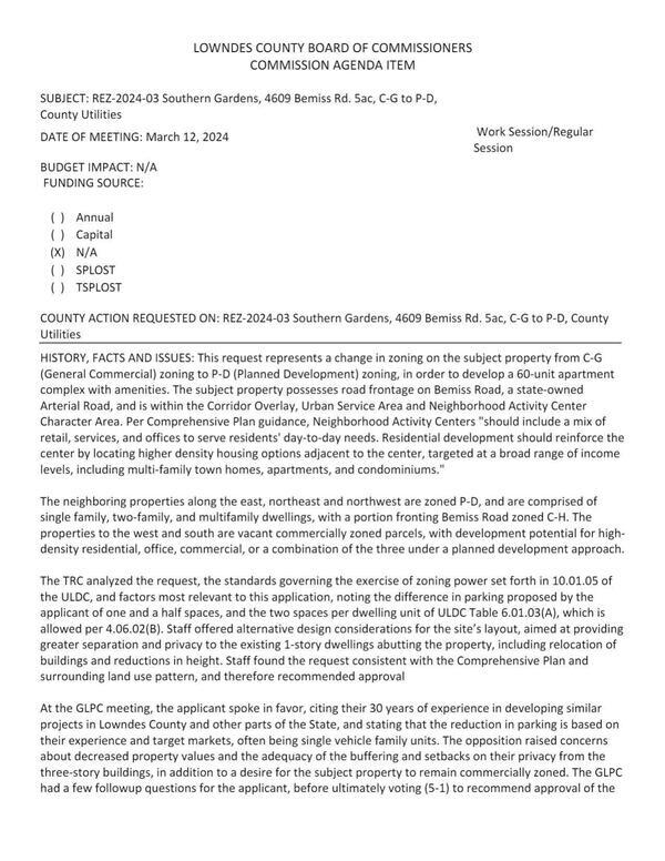 BUDGET IMPACT: N/A to develop a 60-unit apartment complex with amenities.