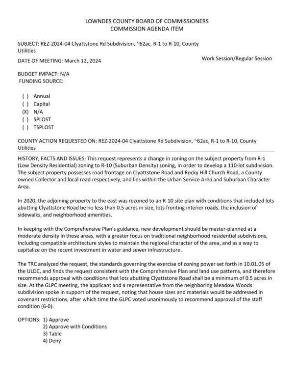 BUDGET IMPACT: N/A to develop a 110-lot subdivision.