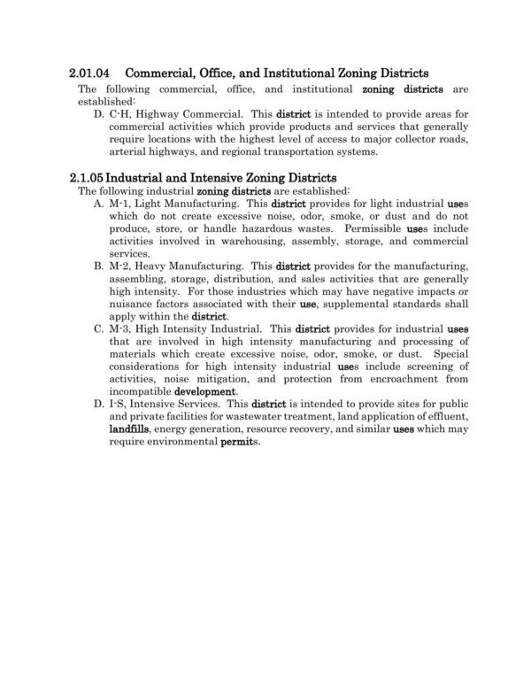 2.01.04 Commercial, Office, and Institutional Zoning Districts; 2.1.05 Industrial and Intensive Zoning Districts