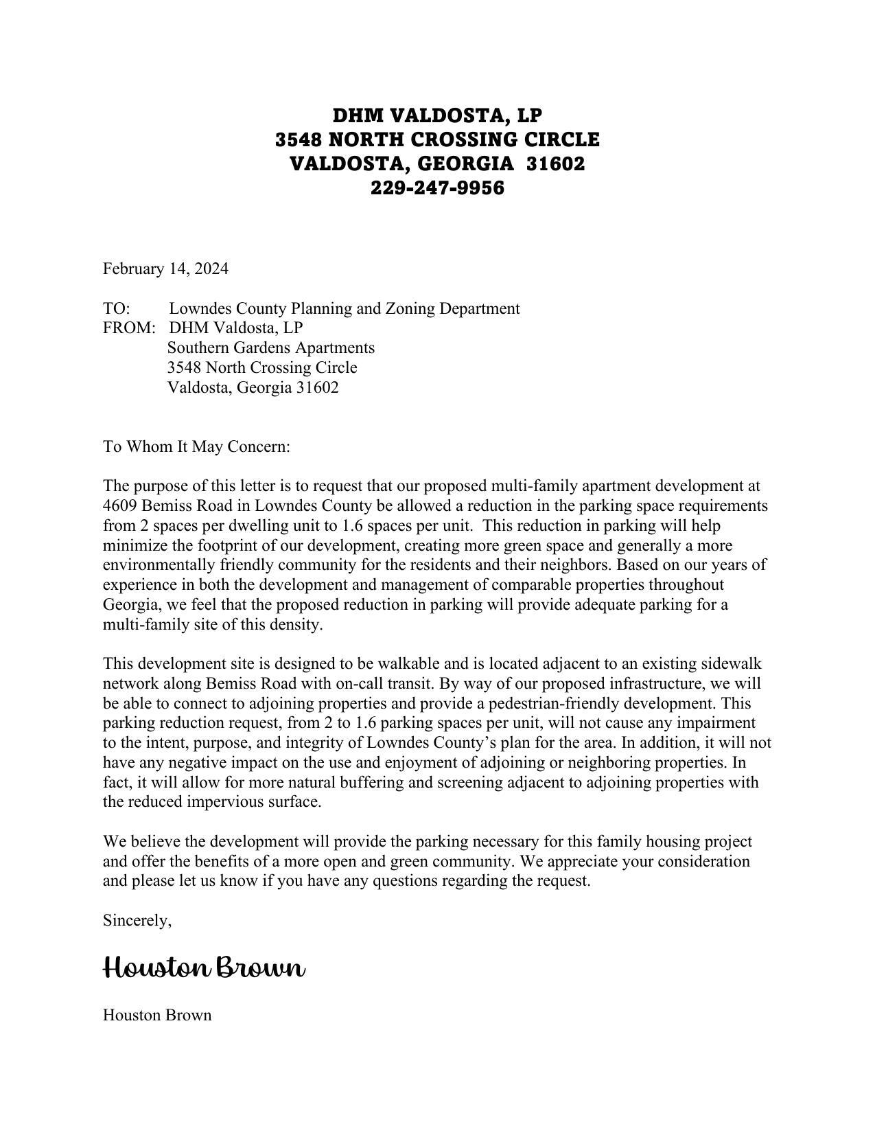 DHM Valdosta, LP request for parking space reduction