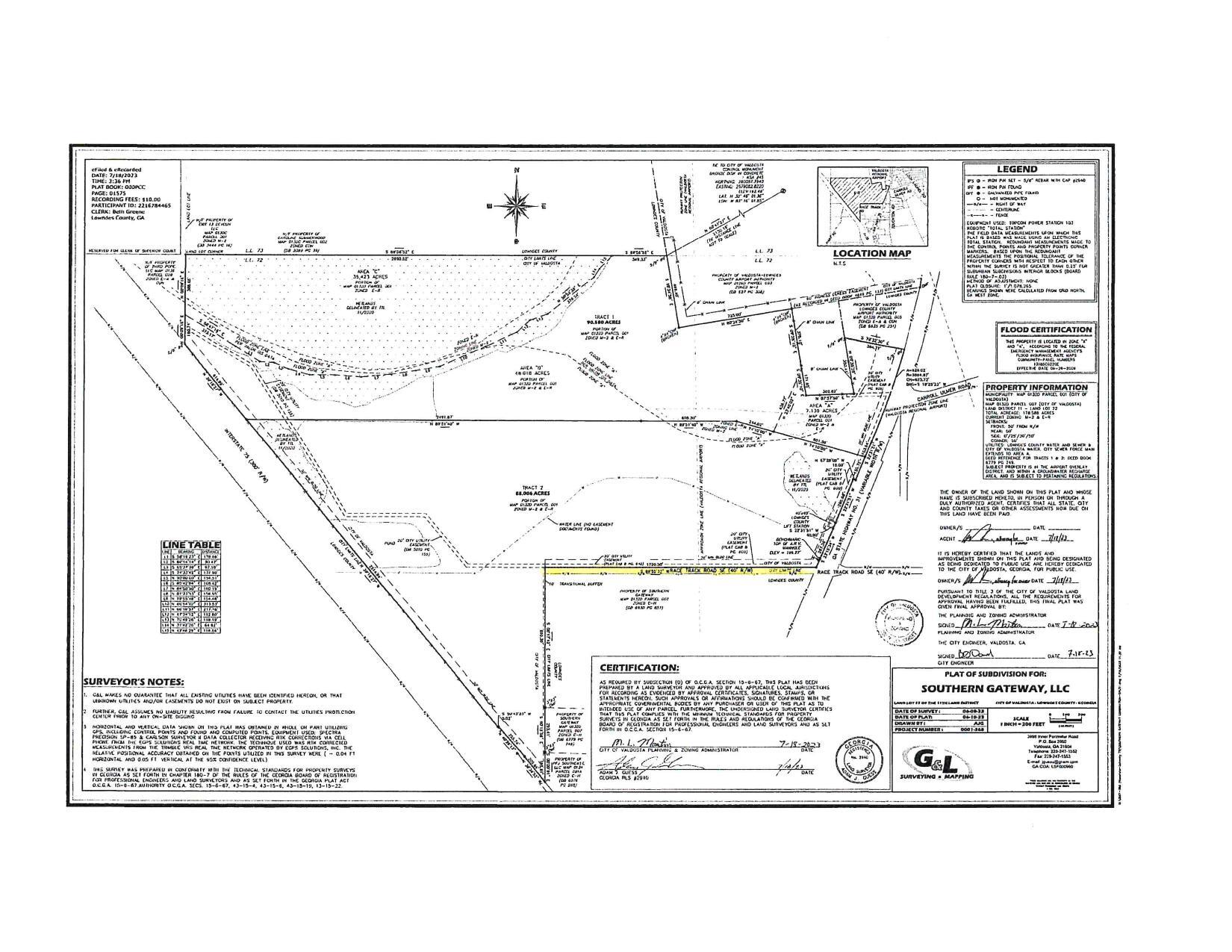 Plat of subdivision for Southern Gateway, LLC