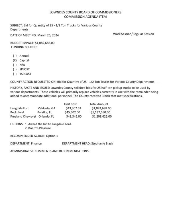 [BUDGET IMPACT: $1,082,688.00 These vehicles will primarily replace vehicles currently in use with the remainder being added to accommodate additional personnel. The County received 3 bids that met specifications.]