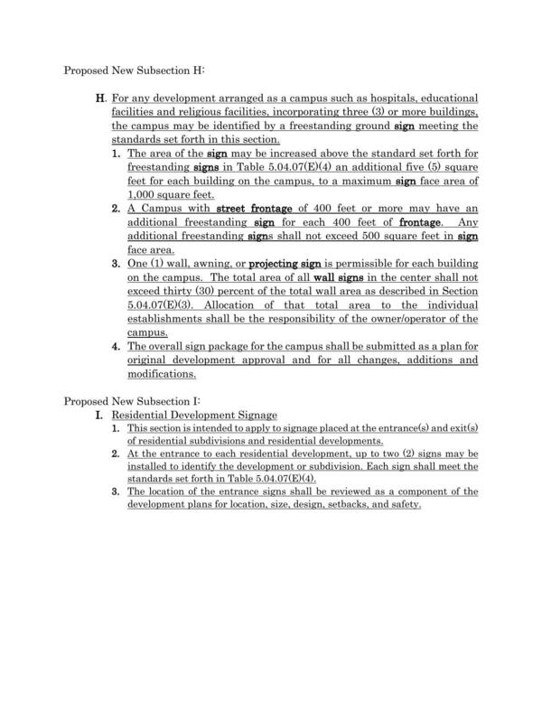 Proposed New Subsection H: (campus signs); Proposed New Subsection I. Residential Development Signage