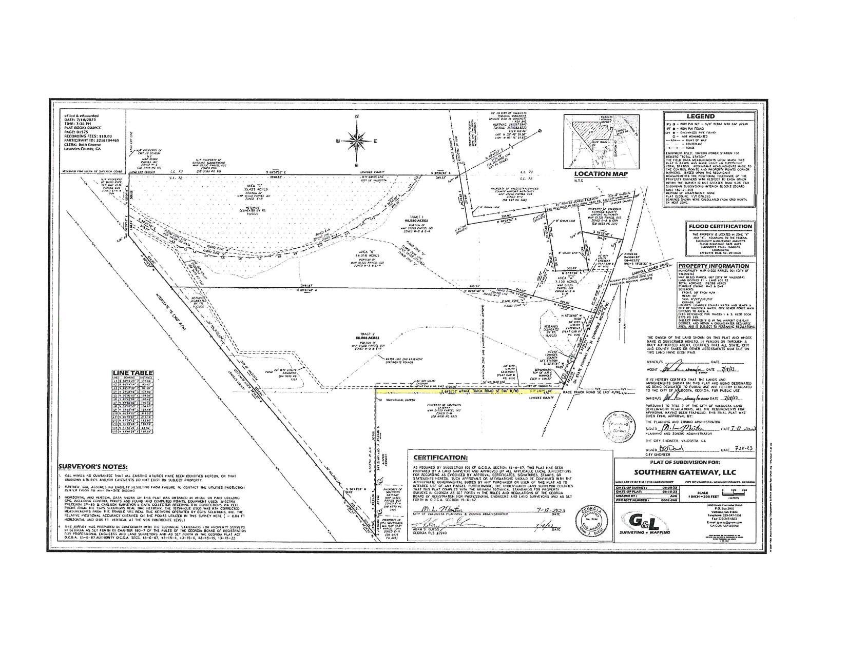 Plat of Subdivision for Southern Gateway, LLC, between I-75 and GA 31