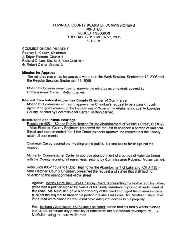 [Minutes: Regular Session 2005-09-27]