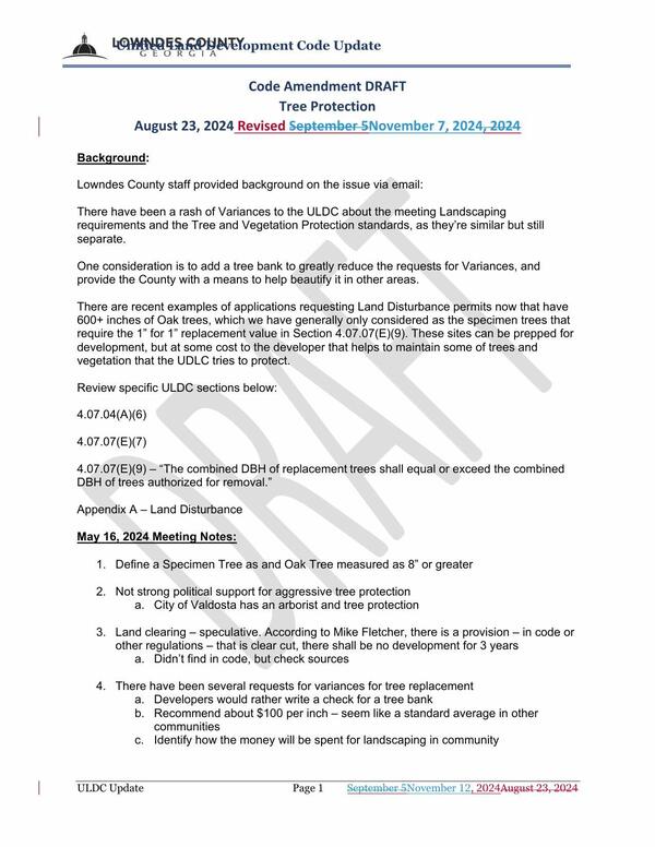Code Amendment DRAFT Tree Protection August 23, 2024 Revised September 5November 7, 2024, 2024