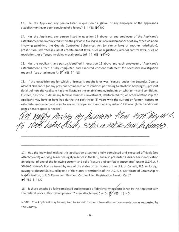 16. If the establishment for which a license is sought is or was licensed under the Lowndes County
