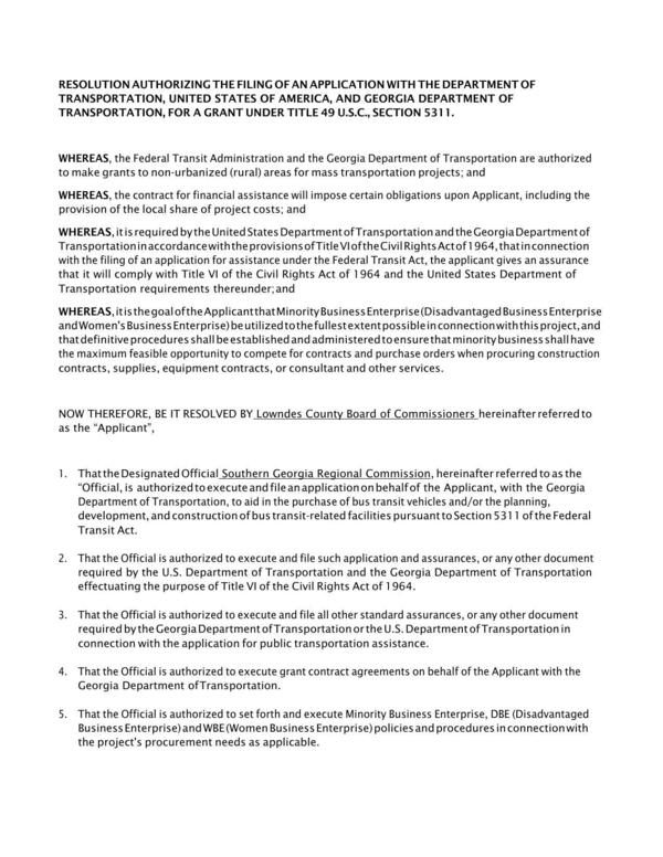 RESOLUTION AUTHORIZING THE FILING OF AN APPLICATION WITH THE DEPARTMENT OF TRANSPORTATION, UNITED STATES OF AMERICA, AND GEORGIA DEPARTMENT OF TRANSPORTATION, FOR A GRANT UNDER TITLE 49 U.S.C., SECTION 5311.