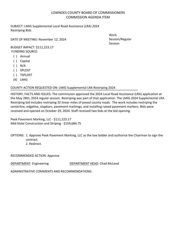 [BUDGET IMPACT: $111,223.17 includes restriping 32 linear miles of paved county roads.]
