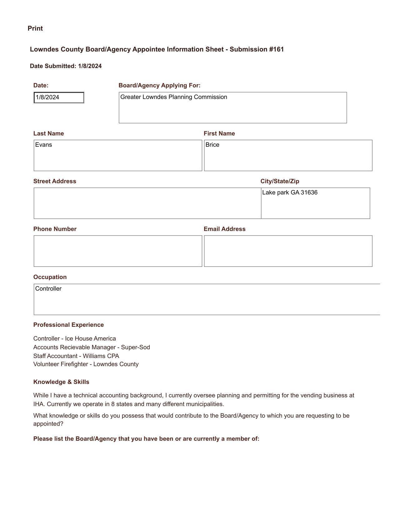 Evans Brice application