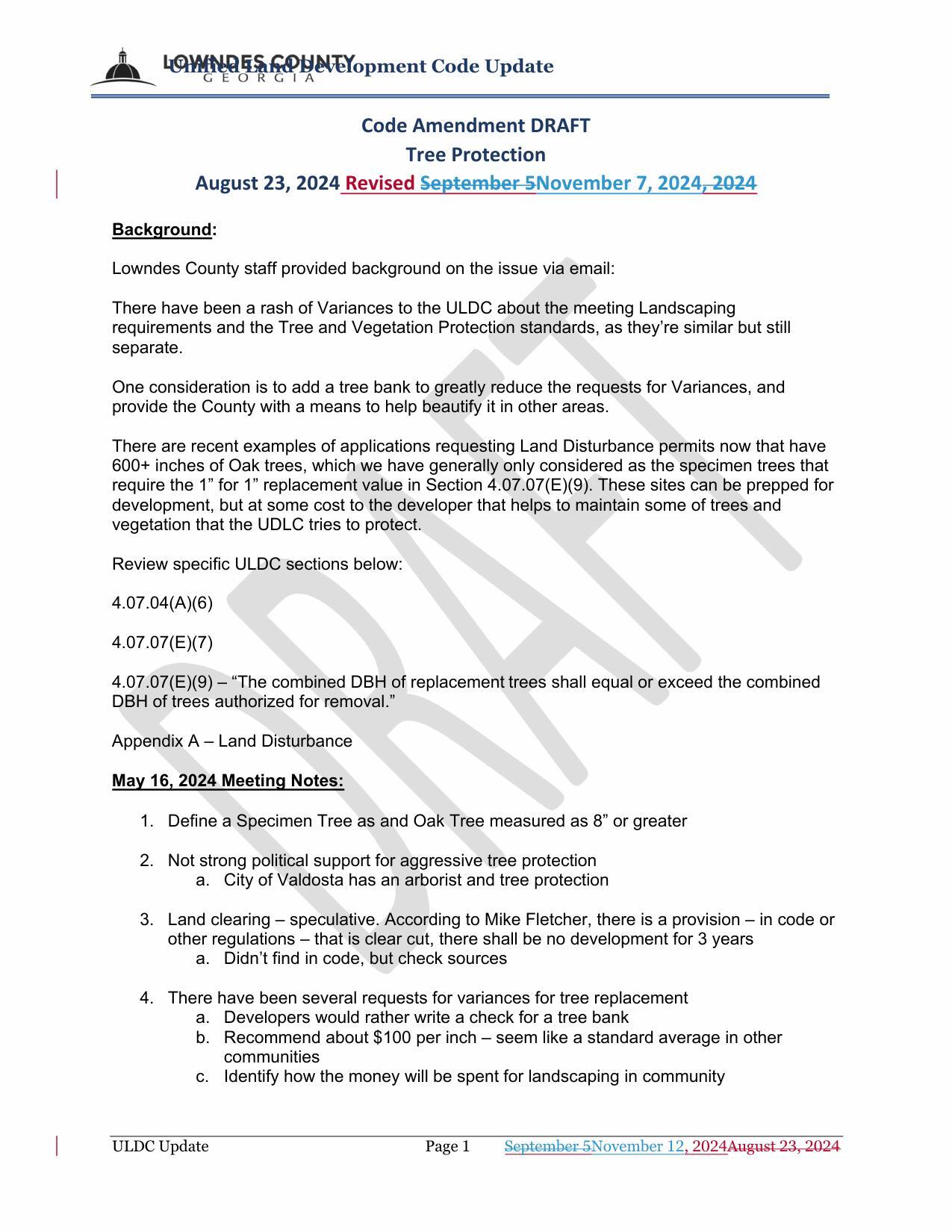 Code Amendment DRAFT Tree Protection August 23, 2024 Revised September 5November 7, 2024, 2024