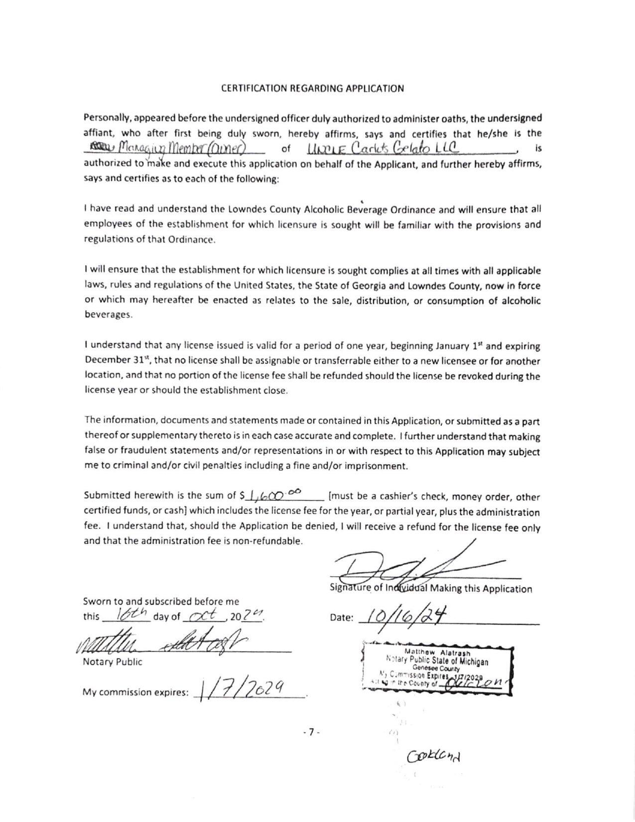 CERTIFICATION REGARDING APPLICATION