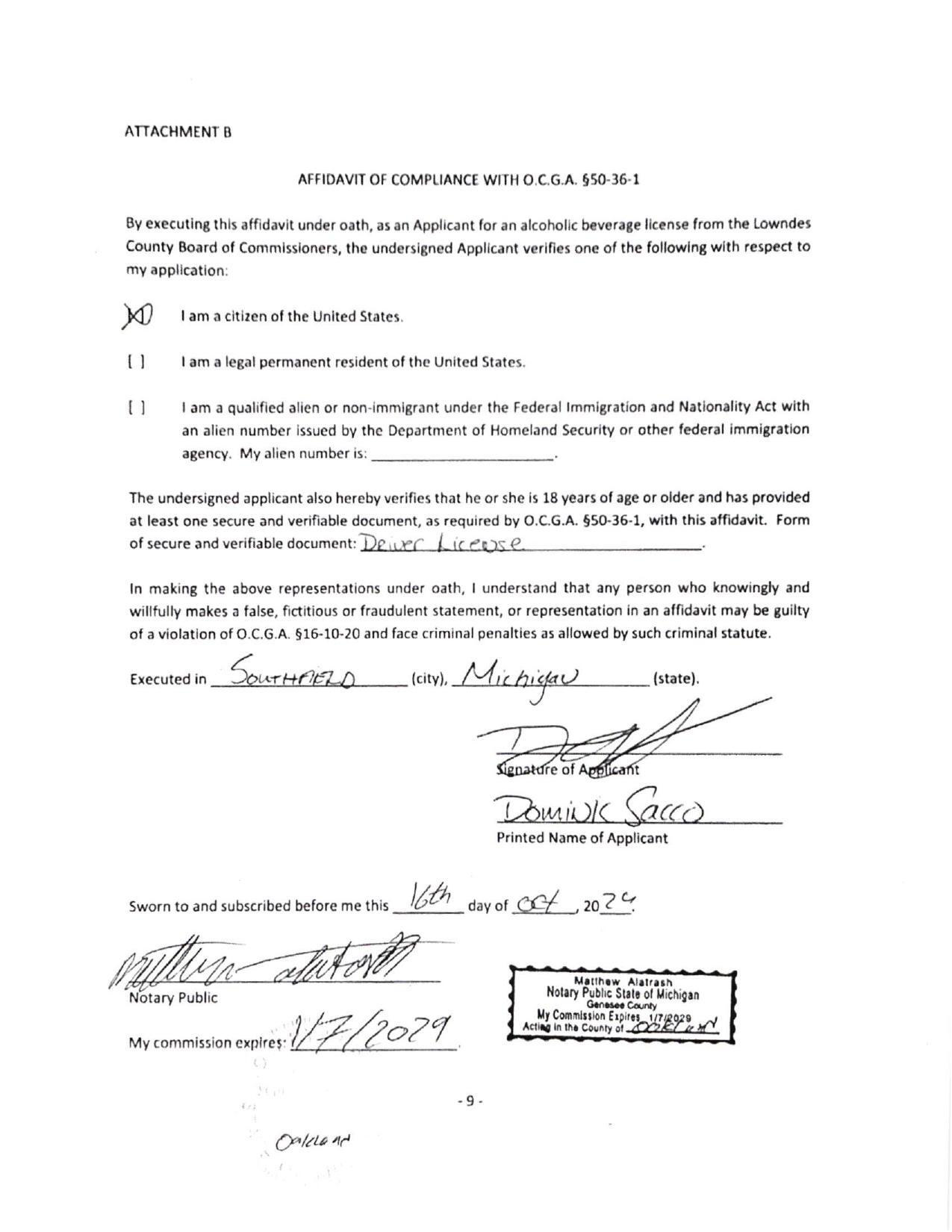 AFFIDAVIT OF COMPLIANCE WITH 0.C.G.A. §50-36-1