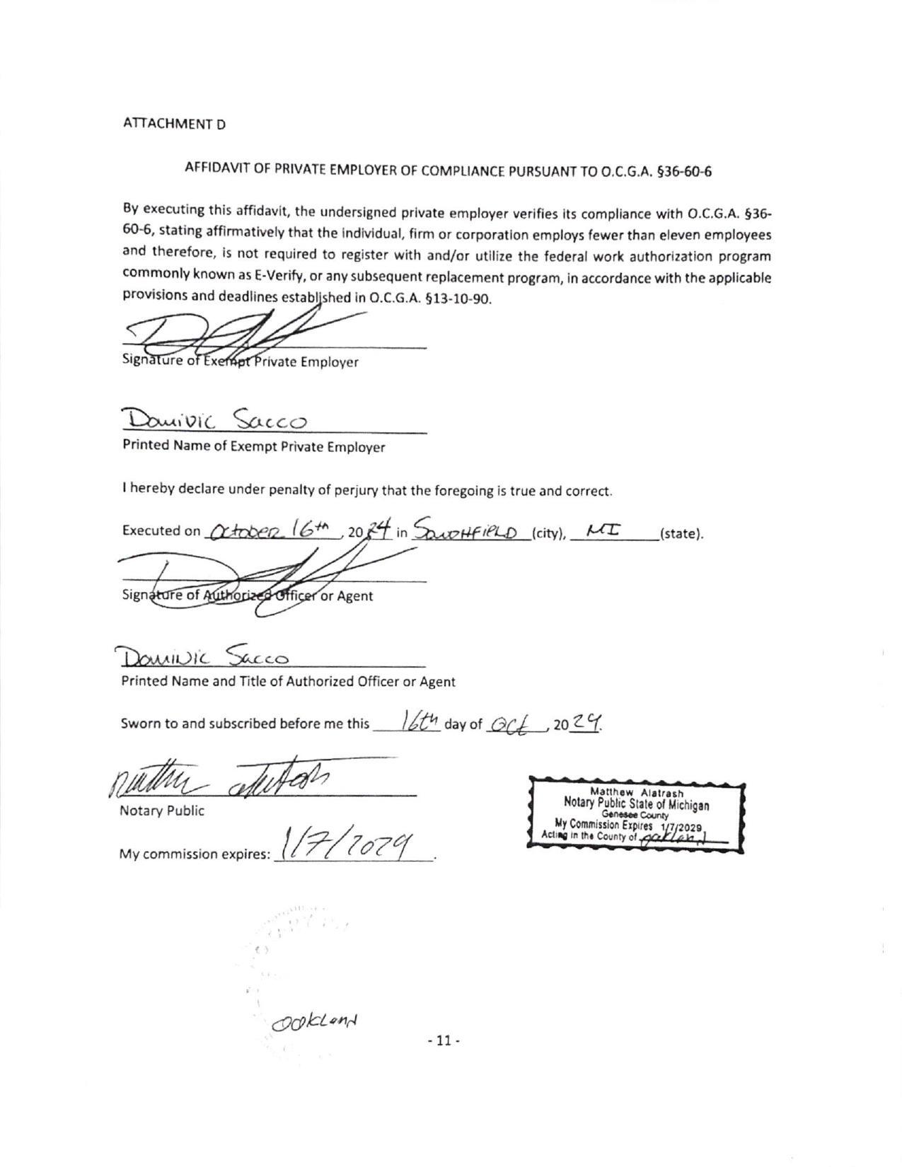 AFFIDAVIT OF PRIVATE EMPLOYER OF COMPLIANCE PURSUANT TO 0.C.G.A. §36-60-6