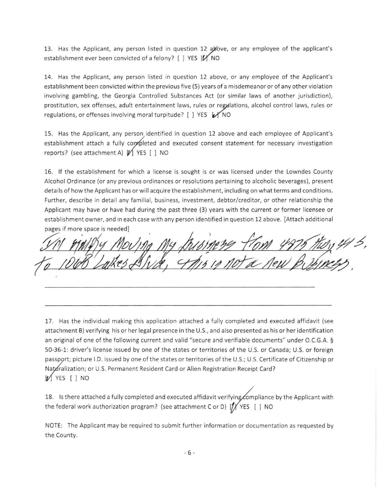 16. If the establishment for which a license is sought is or was licensed under the Lowndes County