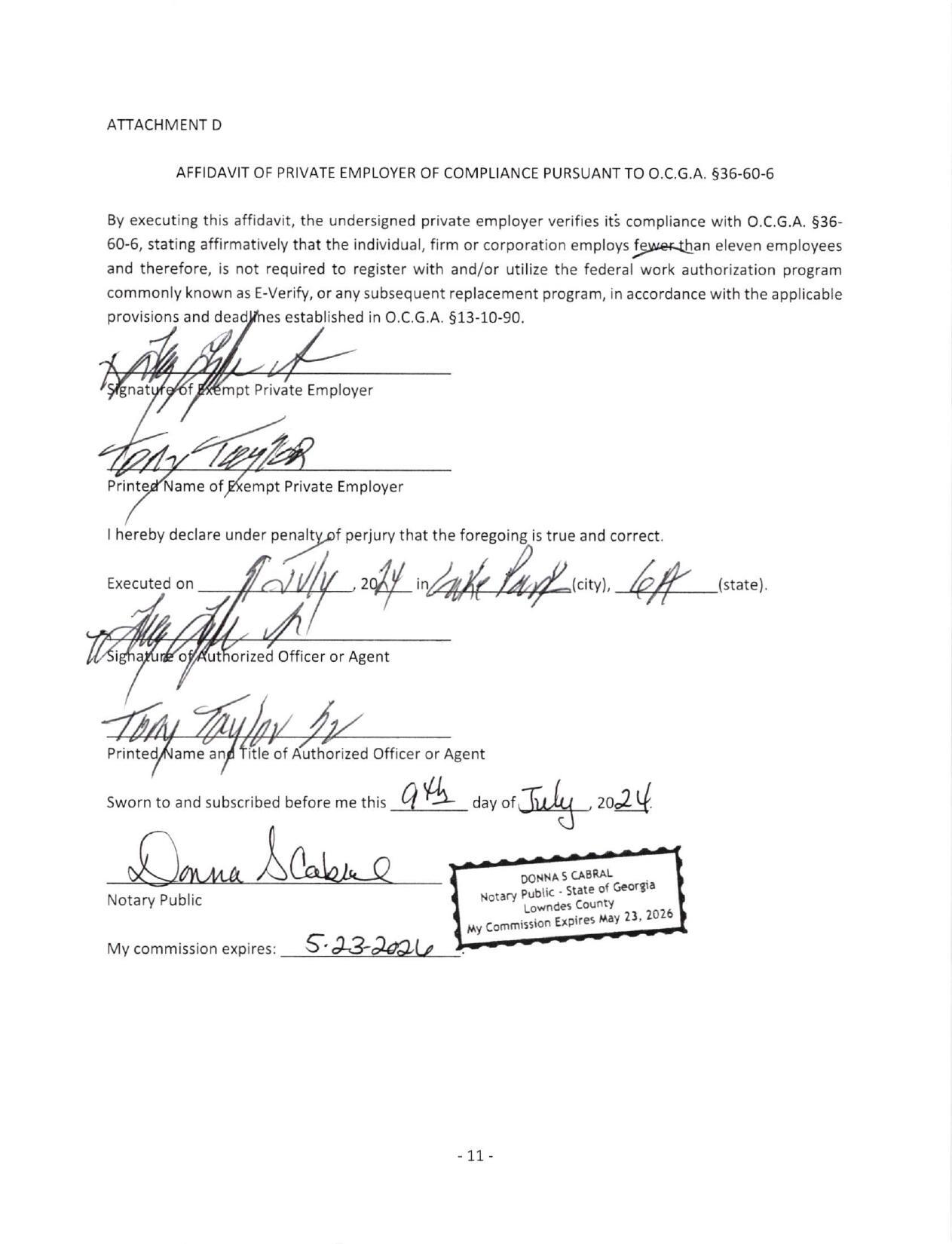 AFFIDAVIT OF PRIVATE EMPLOYER OF COMPLIANCE PURSUANT TO O.C.G.A. §36-60-6