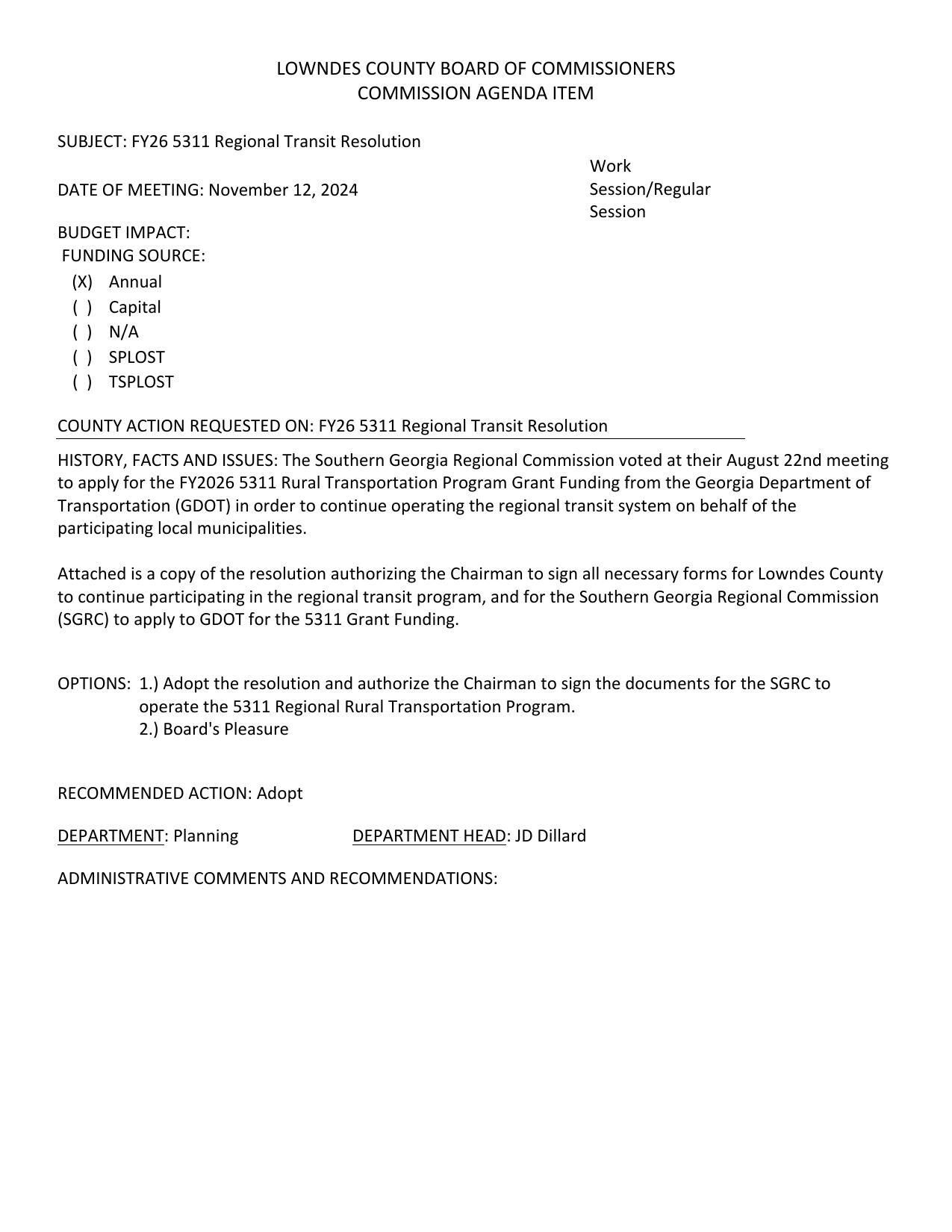 The Southern Georgia Regional Commission voted at their August 22nd meeting to apply for the FY2026 5311 Rural Transportation Program Grant Funding from the Georgia Department of Transportation (GDOT) in order to continue operating the regional transit system on behalf of the participating local municipalities.