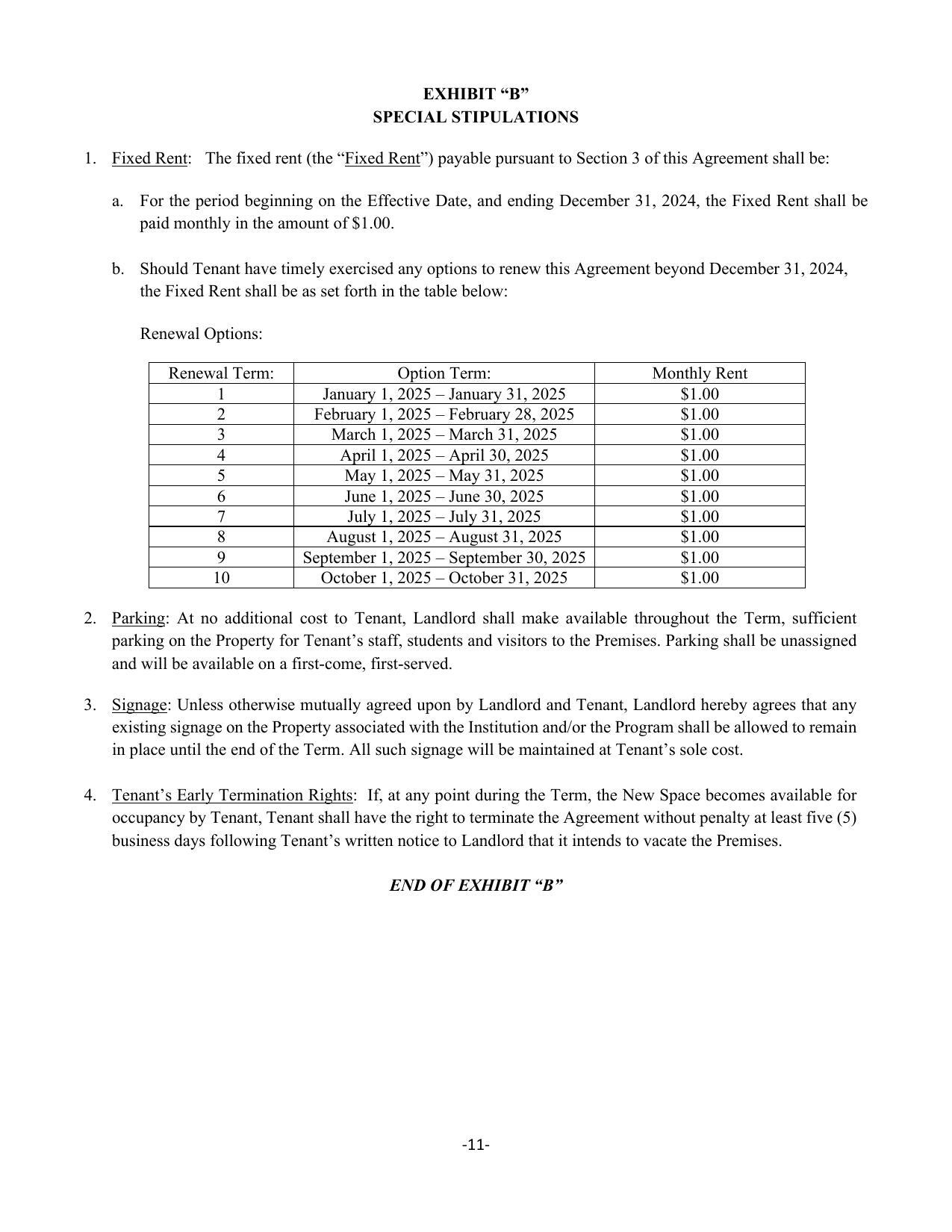 EXHIBIT “B” SPECIAL STIPULATIONS