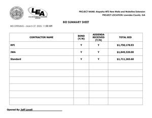 [Bid Summary Sheet: Three bids, by RPI, JWA, Standard (low bid)]