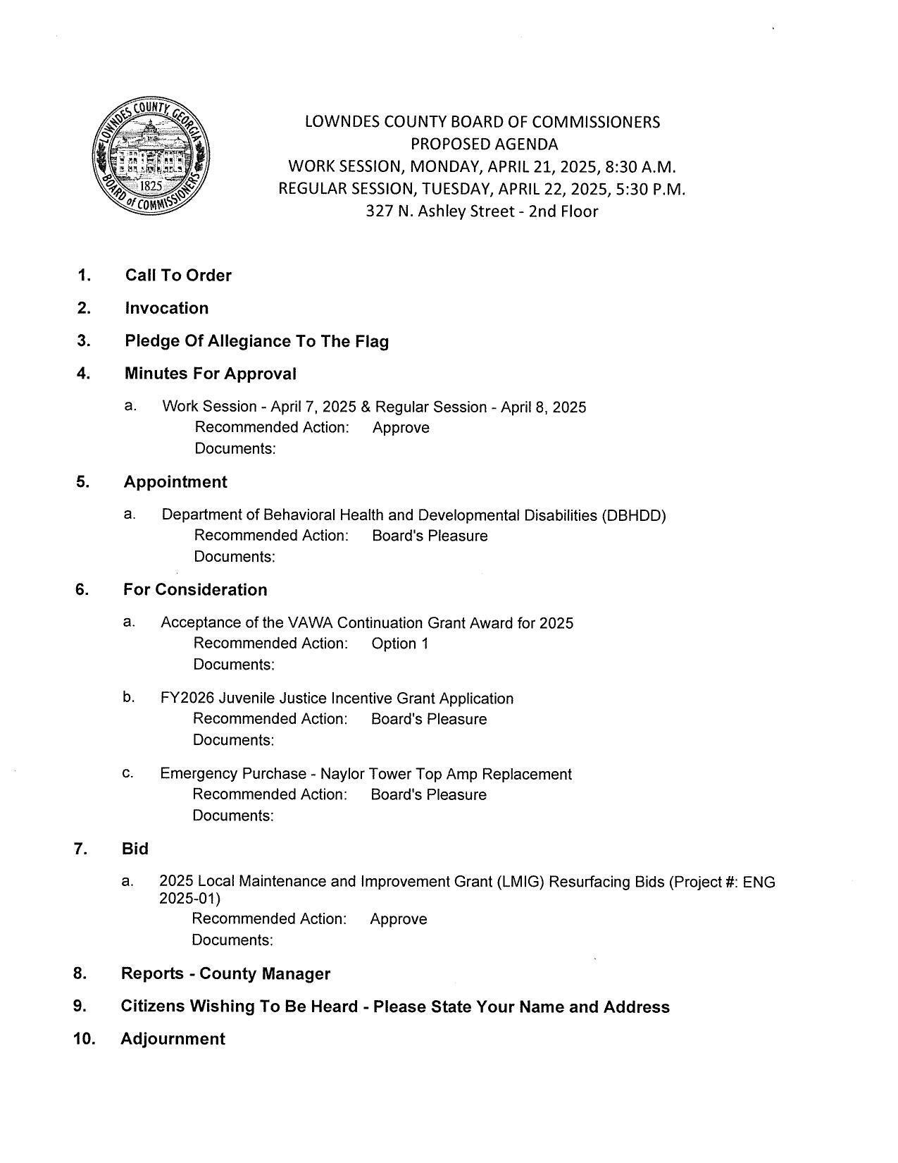 PROPOSED AGENDA