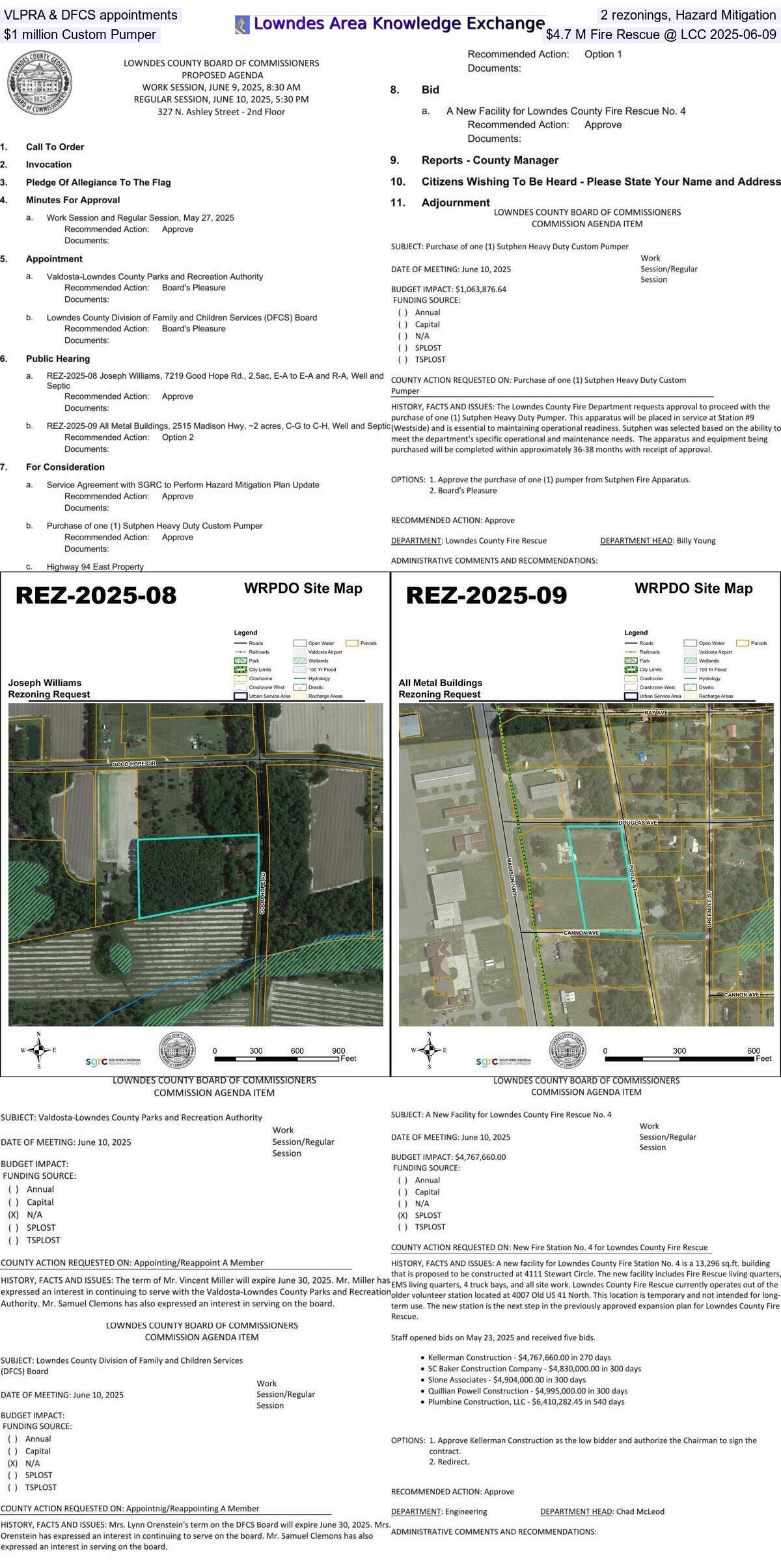[VLPRA & DFCS appointments, 2 rezonings, Hazard Mitigation, $1 million Custom Pumper, $4.7 M Fire Rescue @ LCC 2025-06-09]