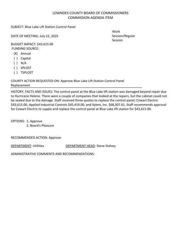 [BUDGET IMPACT: $43,615.00 FUNDING SOURCE: (xX) Annual]