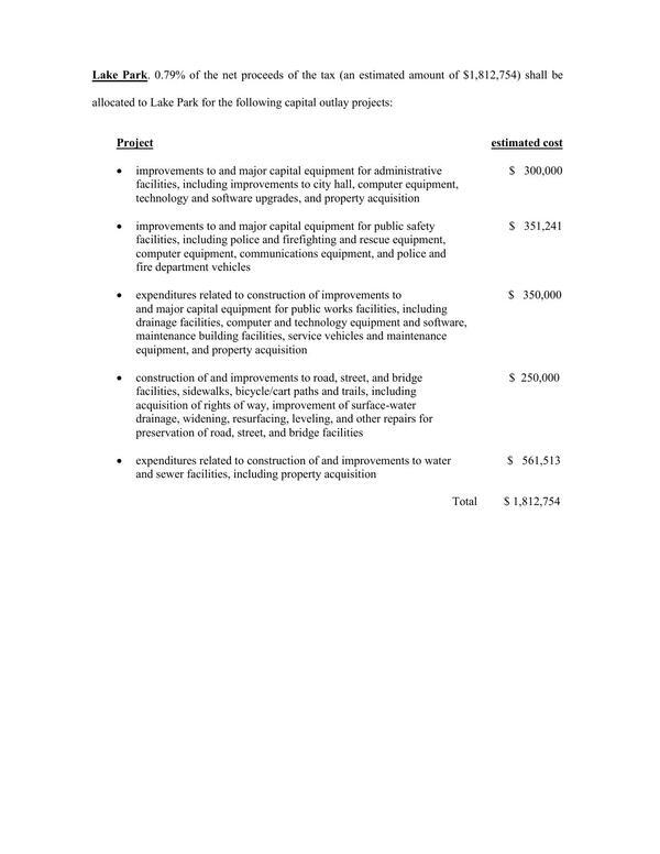 [Lake Park Project List, SPLOST IX]