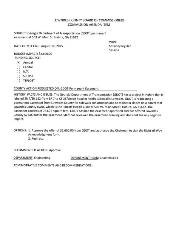 [BUDGET IMPACT: $-2,600.00 FUNDING SOURCE: (X) Annual from GDOT for permanent easement at Parrott Health Clinic, 503 W. Main Street, Hahira]