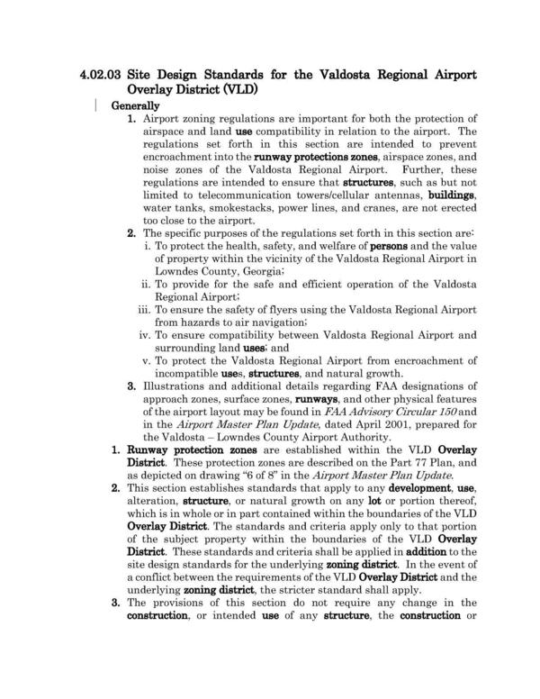 [4.02.03 Site Design Standards for the Valdosta Regional Airport Overlay District (VLD)]
