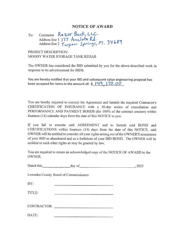 [NOTICE OF AWARD]