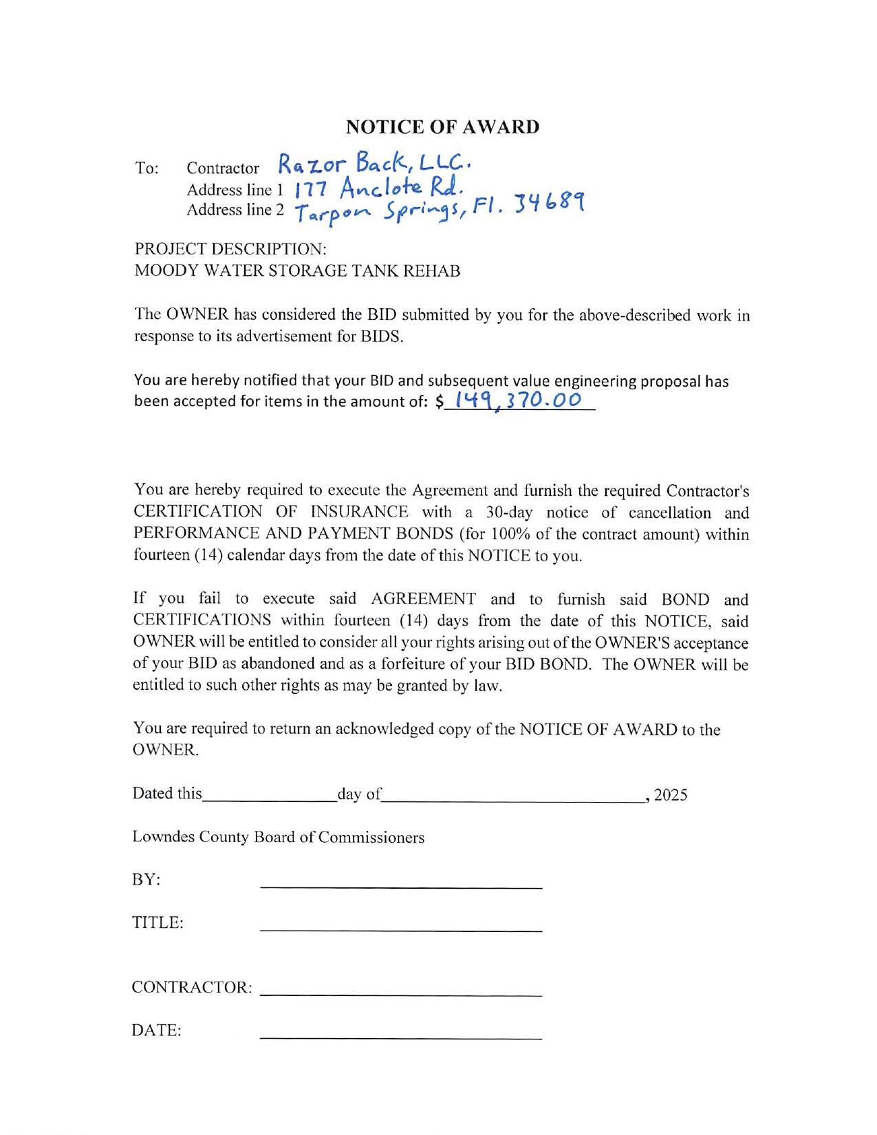 NOTICE OF AWARD