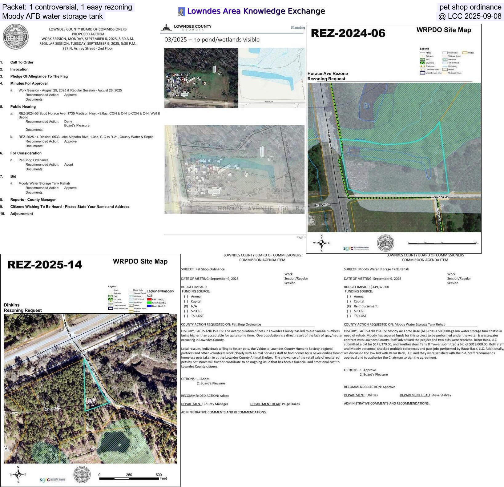 Packet: 1 controversial, 1 easy rezoning, pet shop ordinance, Moody AFB water storage tank @ LCC 2025-09-08