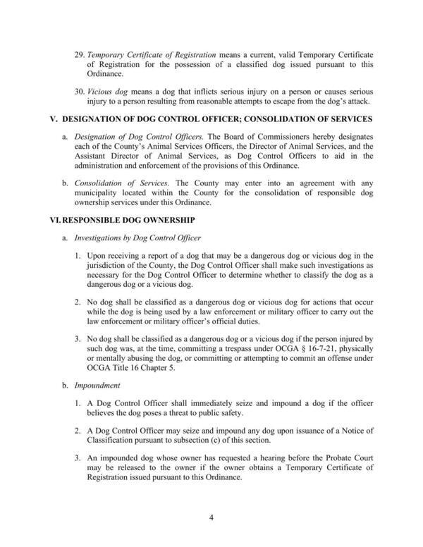 [V. DESIGNATION OF DOG CONTROL OFFICER; CONSOLIDATION OF SERVICES; VI. RESPONSIBLE DOG OWNERSHIP]