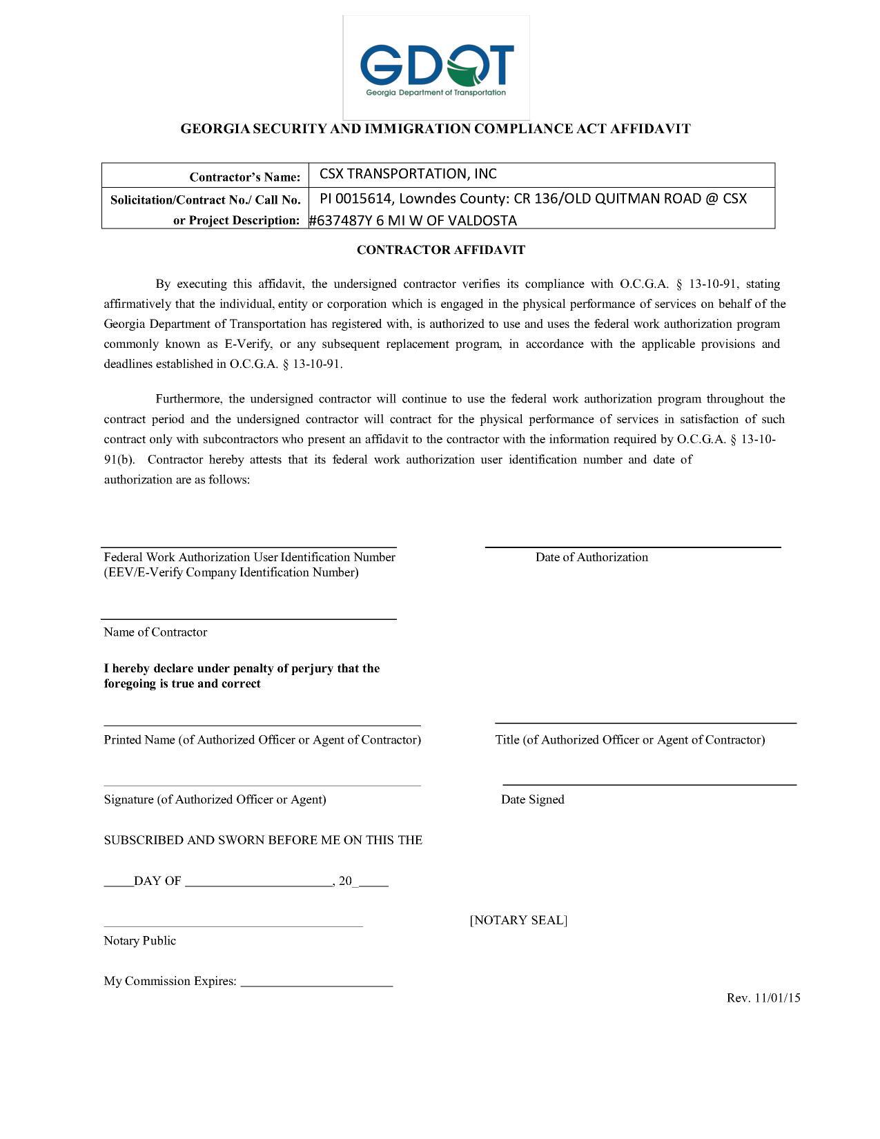 [CSX GEORGIA SECURITY AND IMMIGRATION COMPLIANCE ACT AFFIDAVIT]