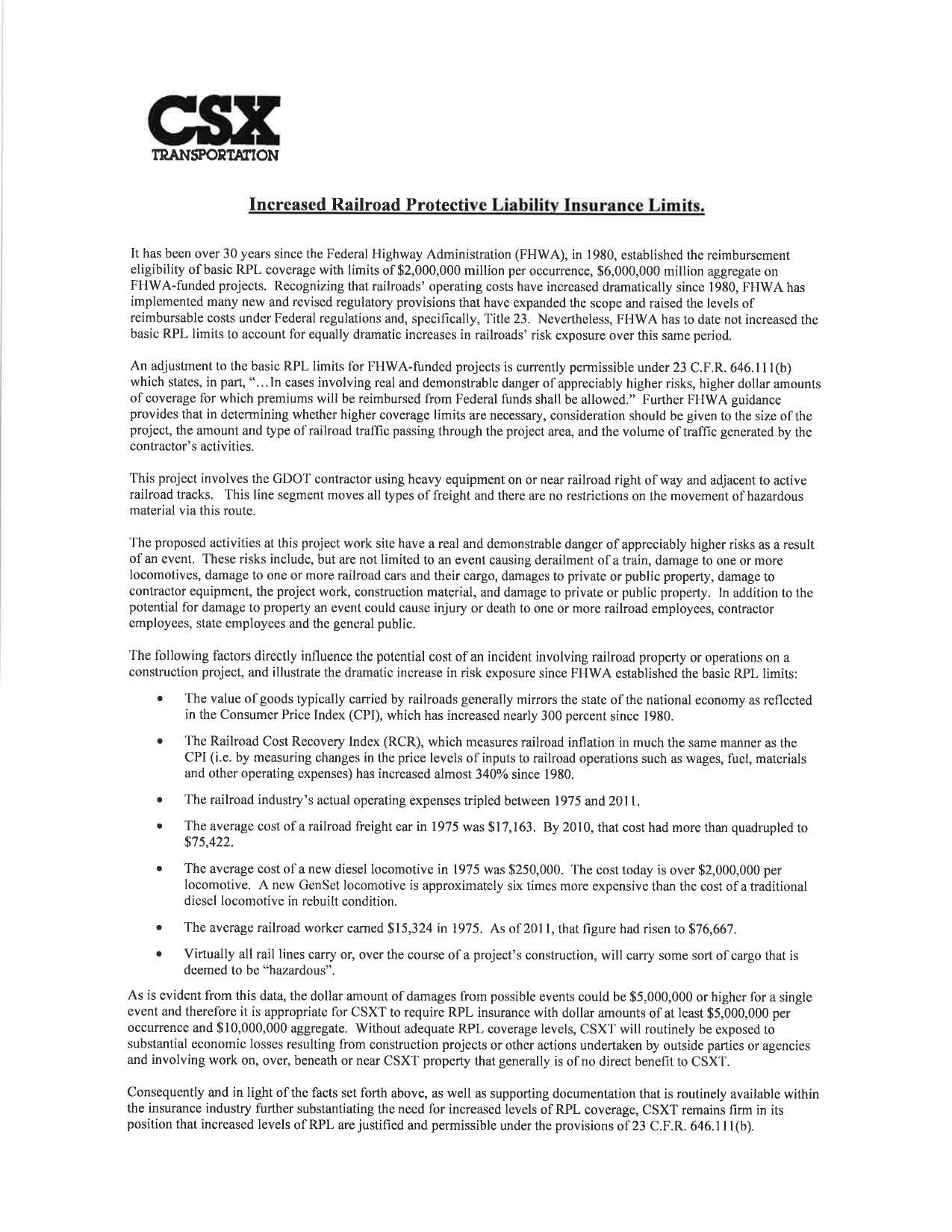 [CSX Increased Railroad Protective Liability Insurance Limits]