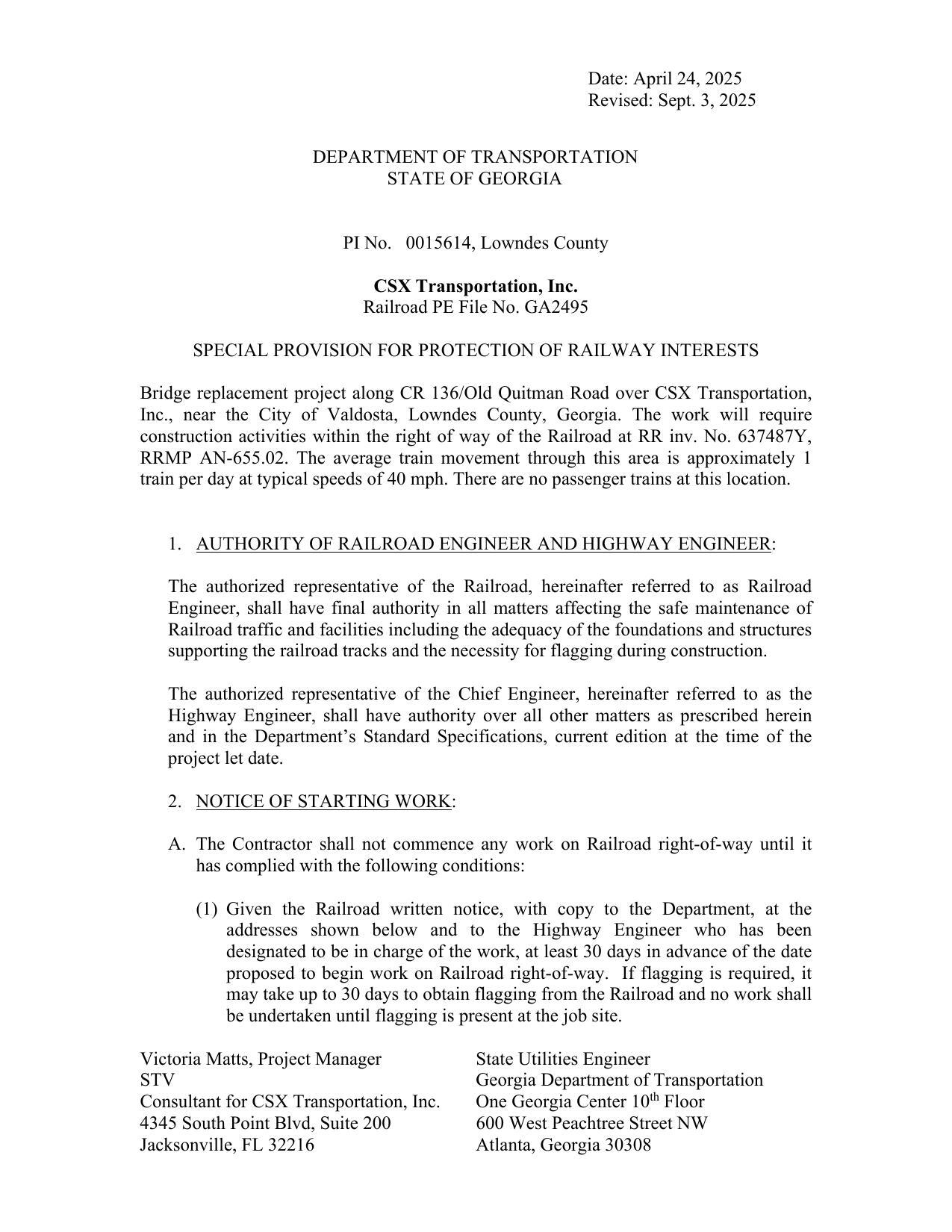 [GDOT SPECIAL PROVISION FOR PROTECTION OF RAILWAY INTERESTS]