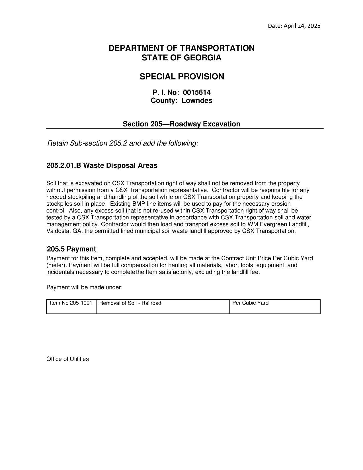 [SPECIAL PROVISION Section 205—Roadway Excavation]