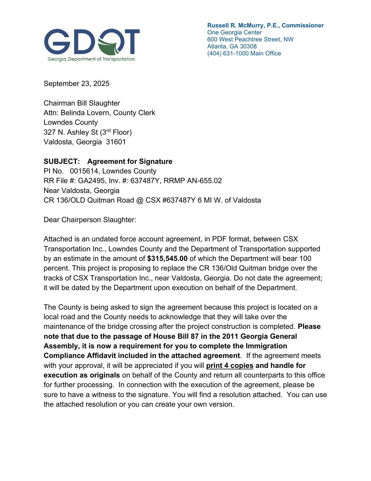 [GDOT SUBJECT: Agreement for Signature]