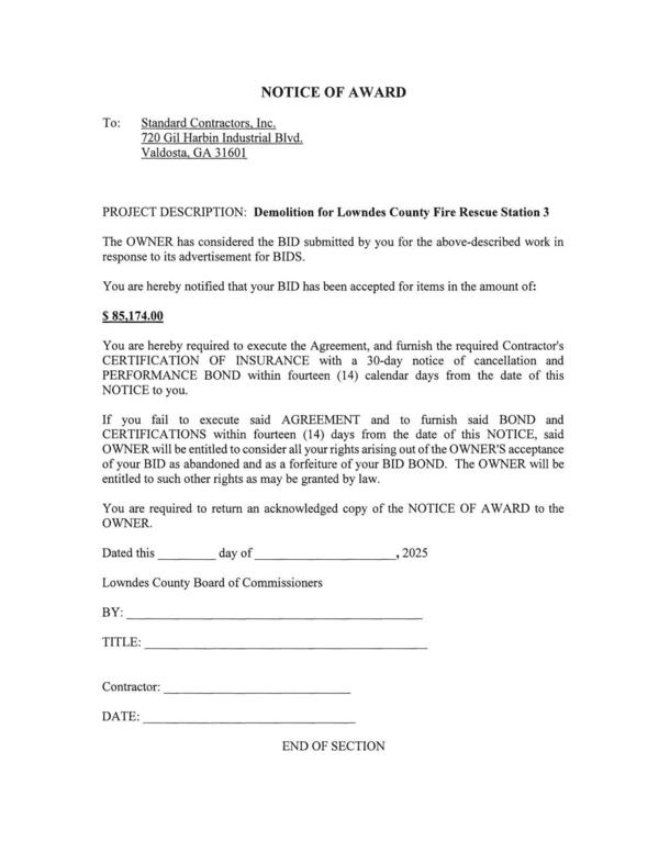NOTICE OF AWARD