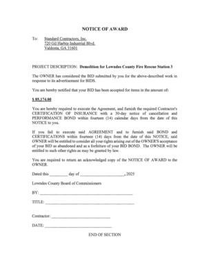 [NOTICE OF AWARD]