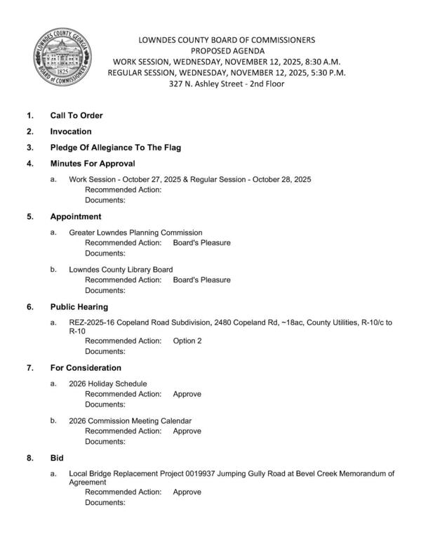[Appointments to Planning Commission & Library Board, Copeland Road rezoning, Holiday and meeting schedule, Jumping Gully Road Bridge over Bevel Creek]
