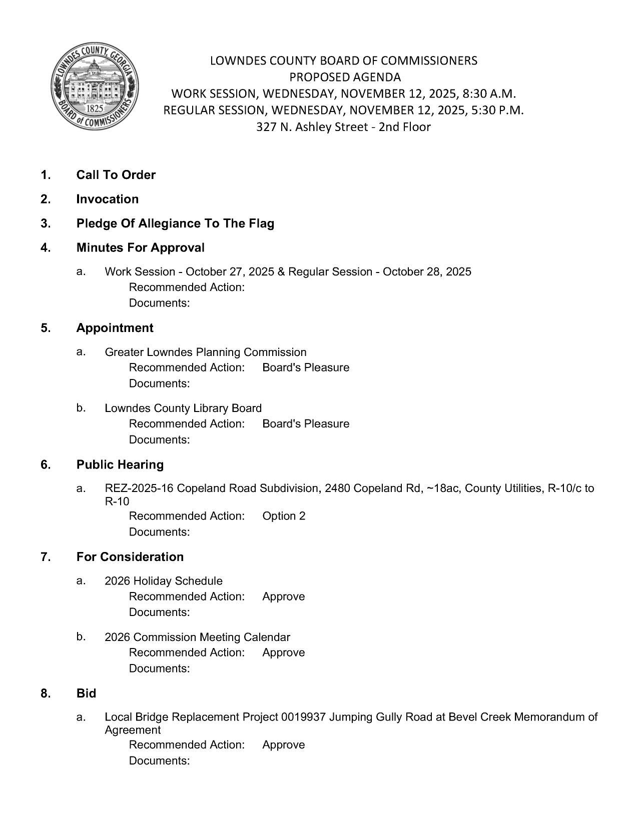 Appointments to Planning Commission & Library Board, Copeland Road rezoning, Holiday and meeting schedule, Jumping Gully Road Bridge over Bevel Creek